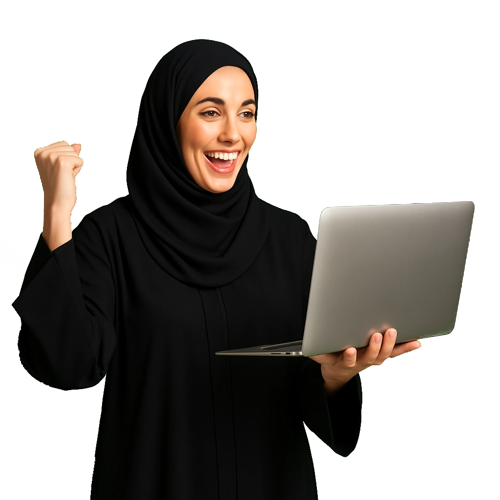 Happy Emirati Woman Using IPTV Smarters Pro on Laptop – Best IPTV UAE