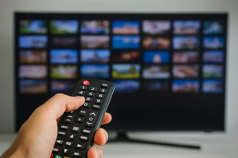 يد تتحكم بجهاز تلفاز ذكي باستخدام ريموت – واجهة IPTV تعرض قنوات متعددة مع iptv smarters pro