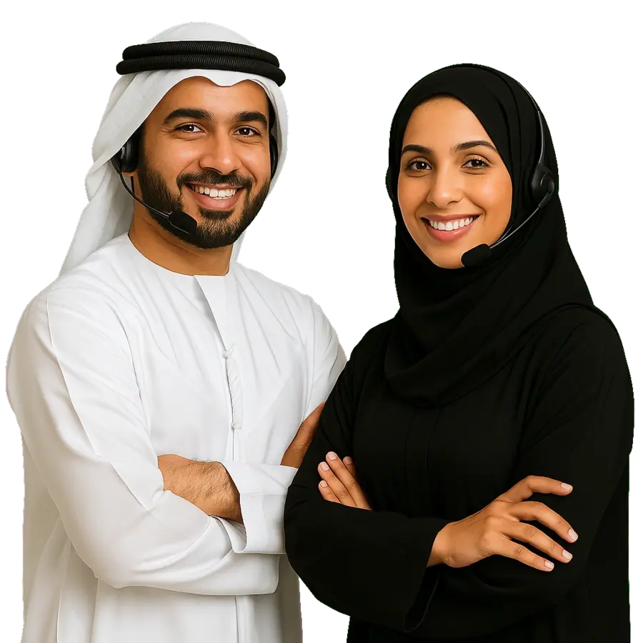 Smiling Emirati man and woman wearing headsets offering IPTV Smarters Pro customer support in UAE