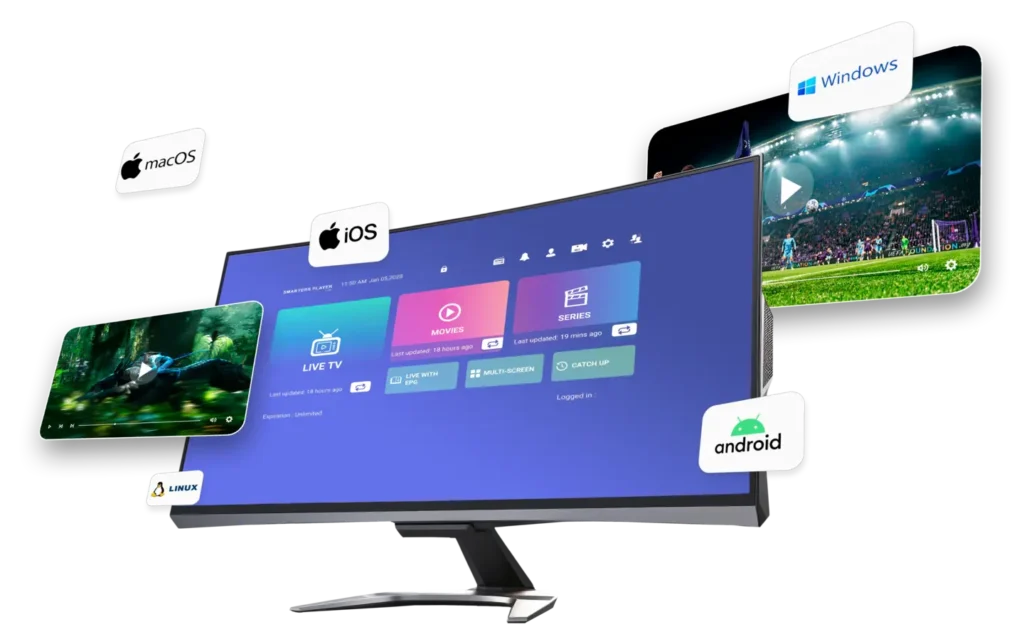 شاشة تعرض واجهة iptv smarters pro مع دعم لأجهزة Android، iOS، Windows، macOS، وSamsung – iptv smarters pro اشتراك