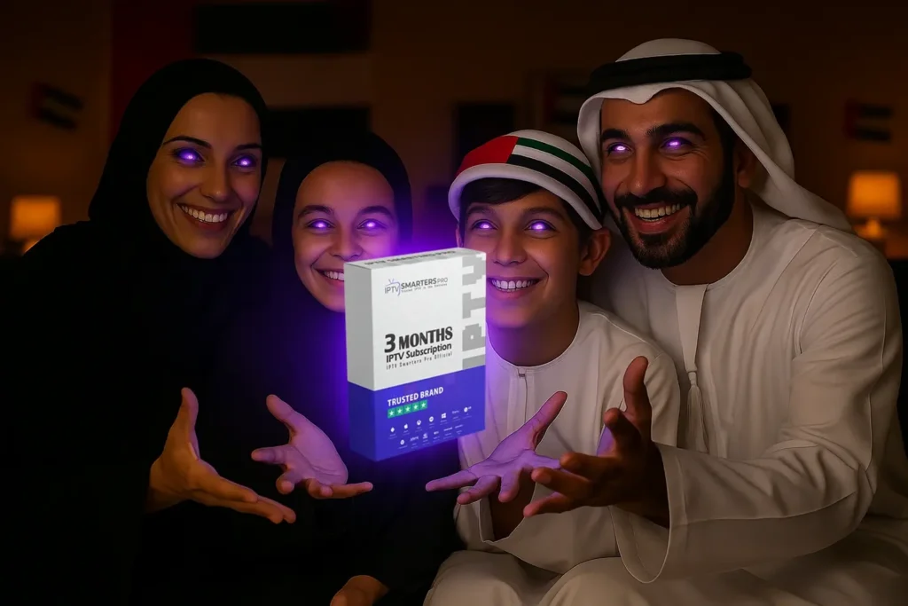 Emirati family enjoying IPTV Subscription 3 Months with IPTV Smarters Pro in Dubai, UAE